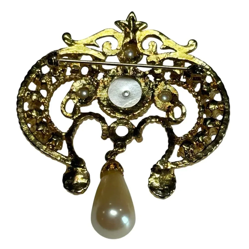 Vintage Gold Tone Faux Pearl Drop Dangle Brooch Filagree Regency Art Deco Pin 2